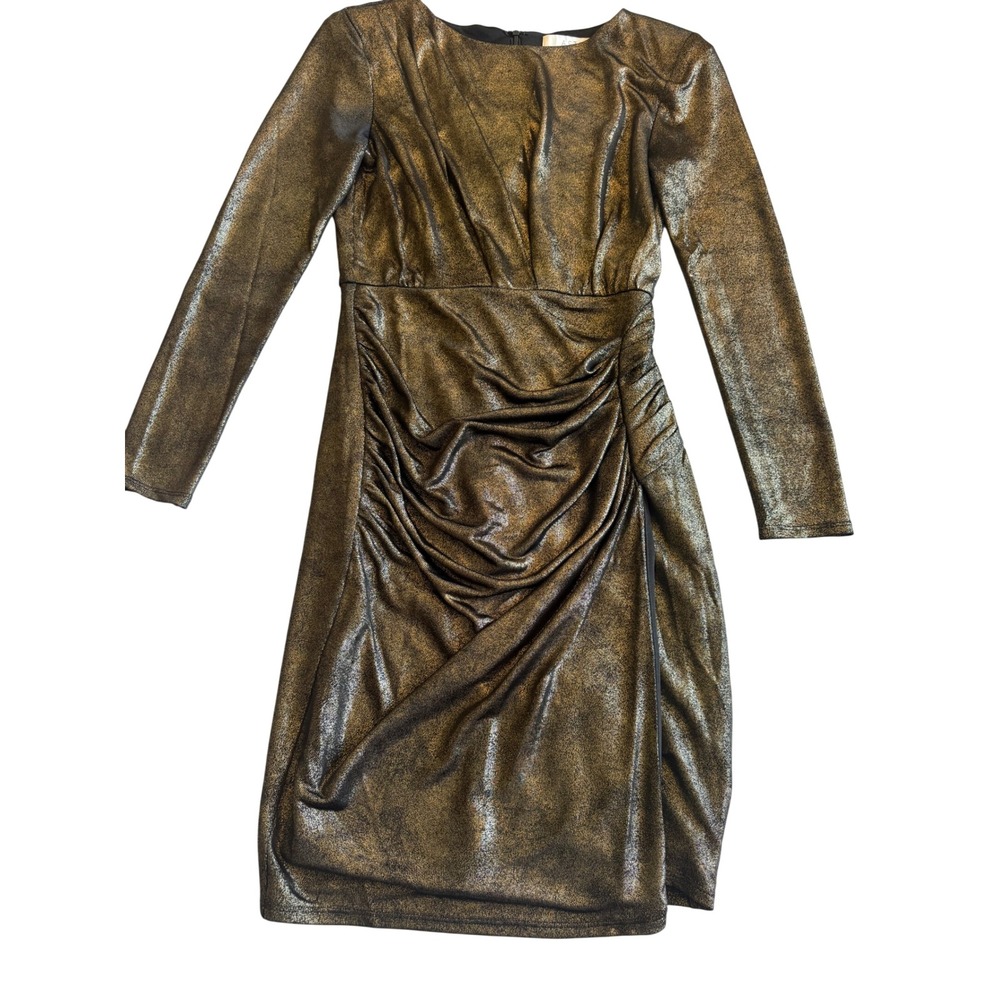 ASTR The Label Women Mini Bodycon Dress XS Gold Black Foil Ruched Party Cocktail